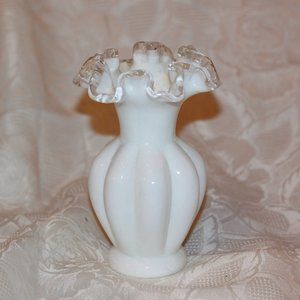 Vintage 6" Fenton Milk Glass Ruffled Edge Silver Crest Melon Ribbed Vase
